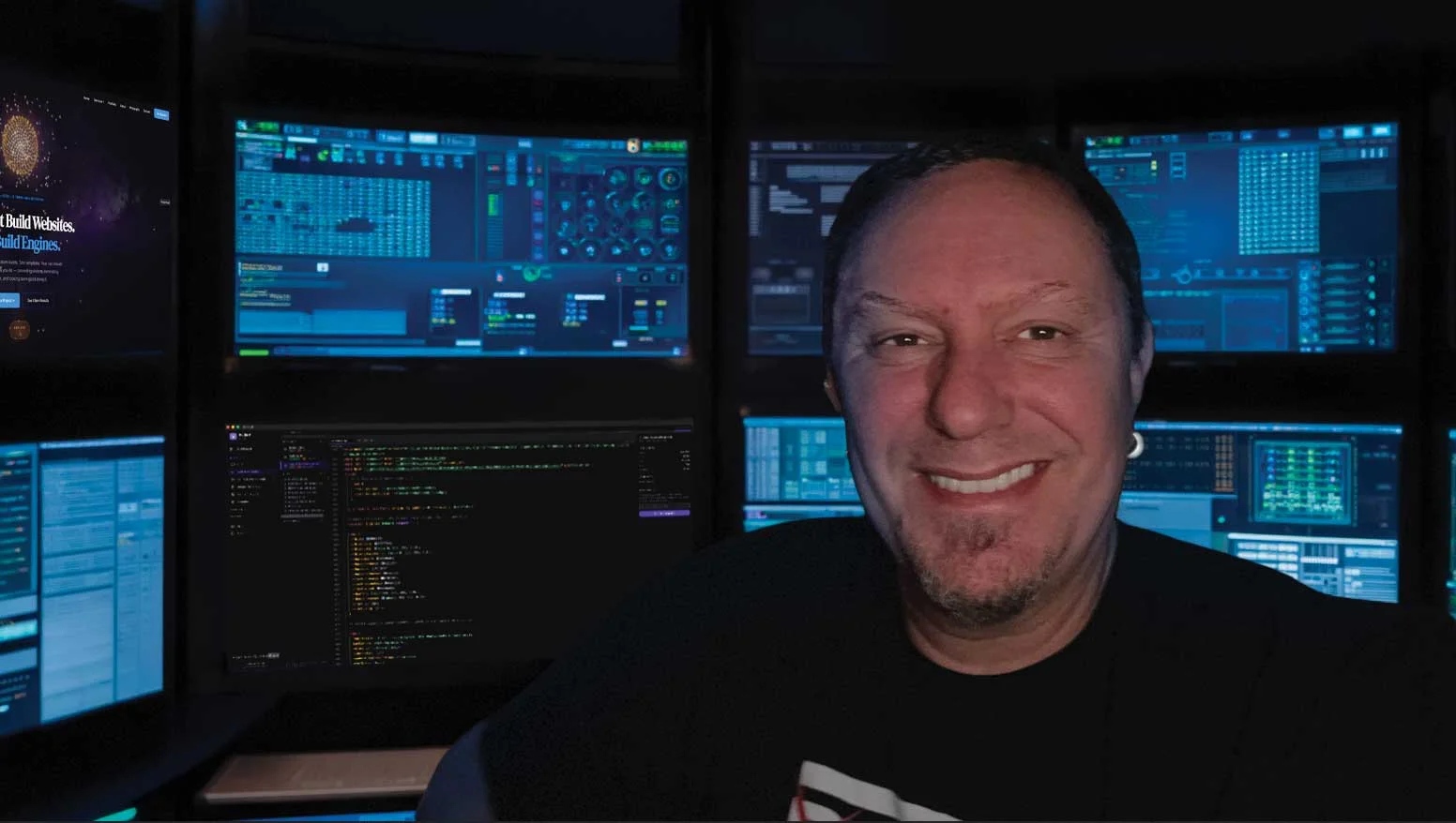 Mike Wandzilak at his desk, surrounded by monitors showing live site dashboards and code